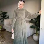 فستان قطيفه مضلع حزام مستورد