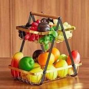 حامل فاكهة معدن بمقبض خشب 2 دور ألوان متعدده