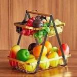 حامل فاكهة معدن بمقبض خشب 2 دور ألوان متعدده