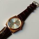 ساعة يد بني دائرية بتحديد ذهبي